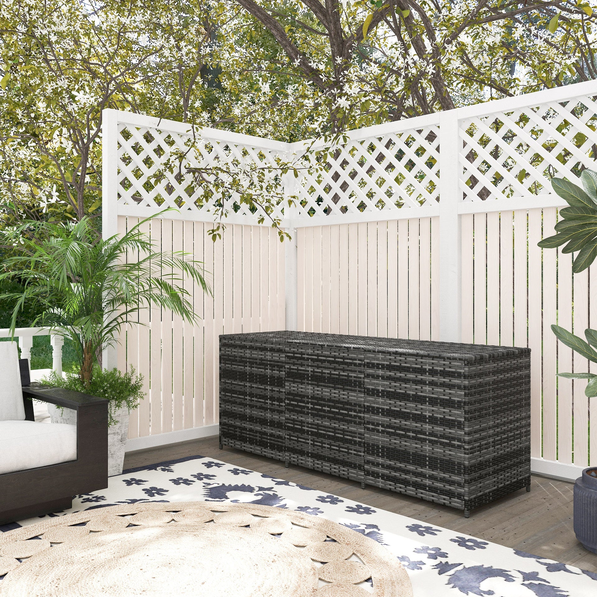 Outsunny 175 Gallon Outdoor Storage Box with Inner Liner, PE Rattan Wicker Deck Box with Pneumatic Bar Lift for Indoor & Outdoor, Patio Furniture Cushions, Pool Toys, Garden Tools, Mixed Gray