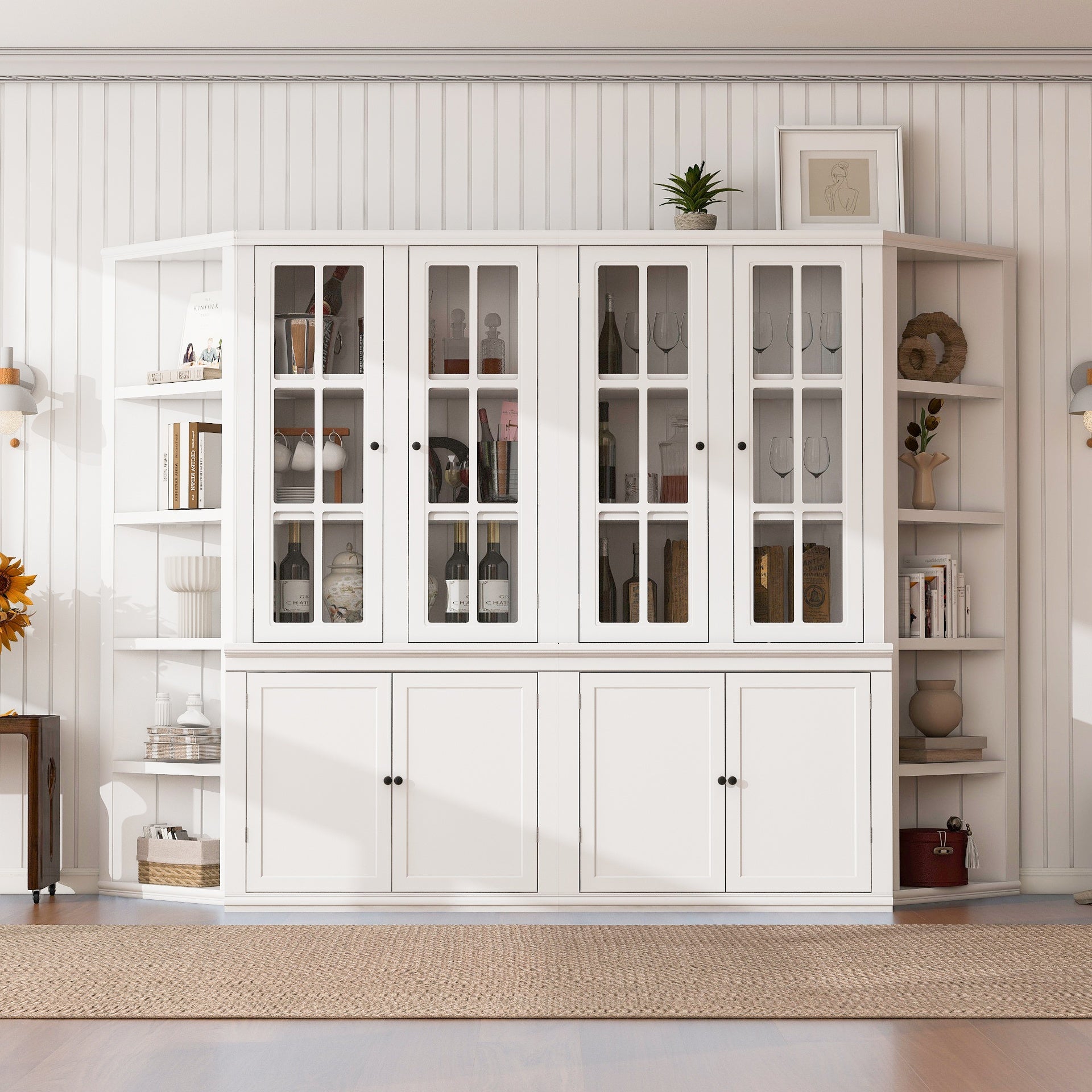 2x 75.25'' Tall Pantry Cabinets and Two Triangle Sided Bookshelves, 105.5'' Wide Retro Style Wall Suit with Glass Doors, for Hallways, Living room, Office, Studio or Workspace - White