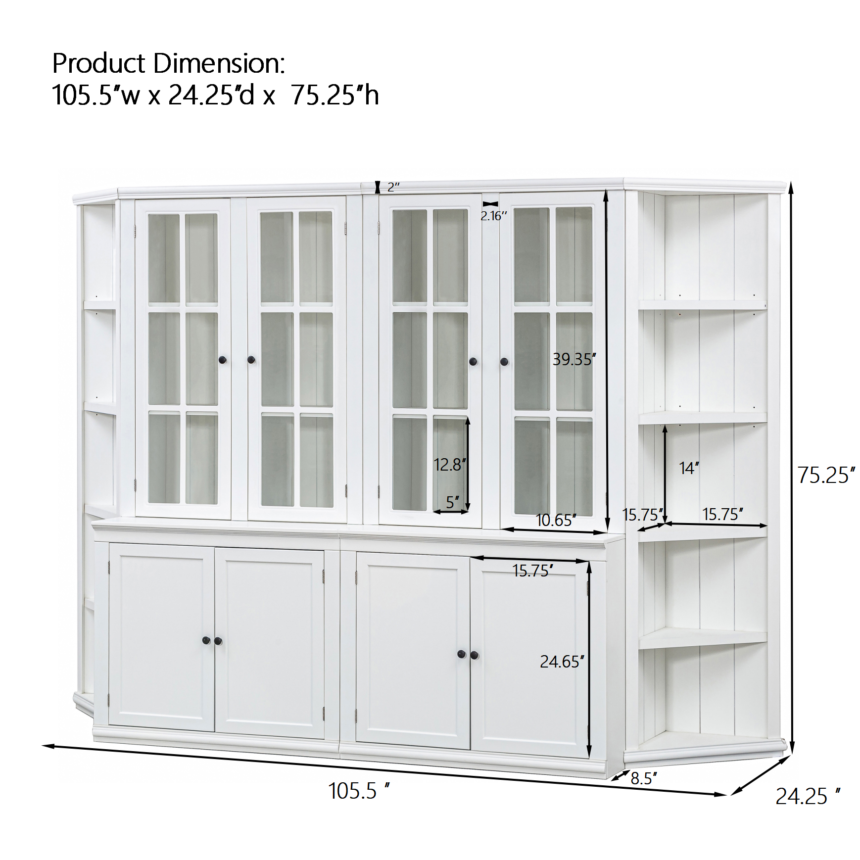 2x 75.25'' Tall Pantry Cabinets and Two Triangle Sided Bookshelves, 105.5'' Wide Retro Style Wall Suit with Glass Doors, for Hallways, Living room, Office, Studio or Workspace - White
