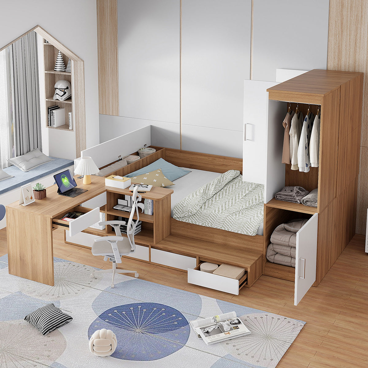 Full size Wooden Platform Bed with 6 Drawers, Shelves, desk and Wardrobe, Natural