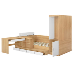 Full size Wooden Platform Bed with 6 Drawers, Shelves, desk and Wardrobe, Natural