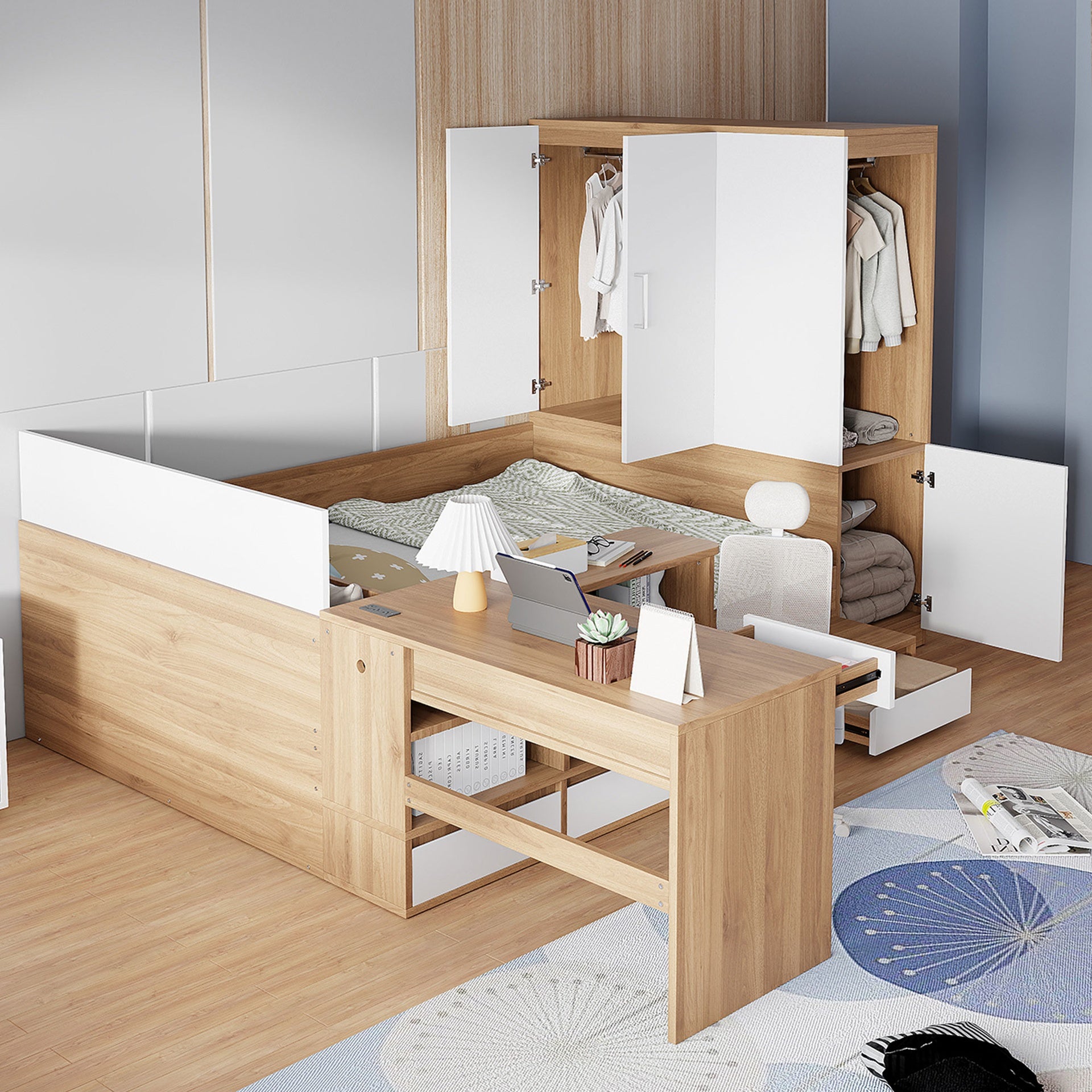Full size Wooden Platform Bed with 6 Drawers, Shelves, desk and Wardrobe, Natural