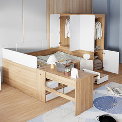 Full size Wooden Platform Bed with 6 Drawers, Shelves, desk and Wardrobe, Natural