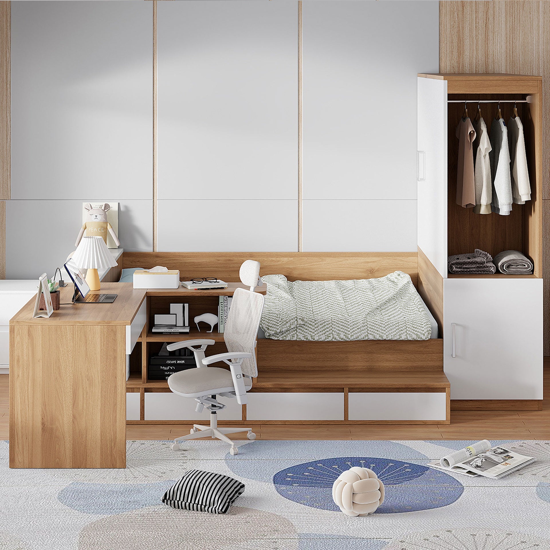 Full size Wooden Platform Bed with 6 Drawers, Shelves, desk and Wardrobe, Natural