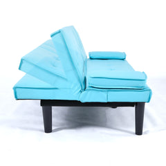 The 67-inch blue PVC multi-functional sofa bed, with a foldable and cup holder design, makes it extremely convenient to turn the living room into a guest room