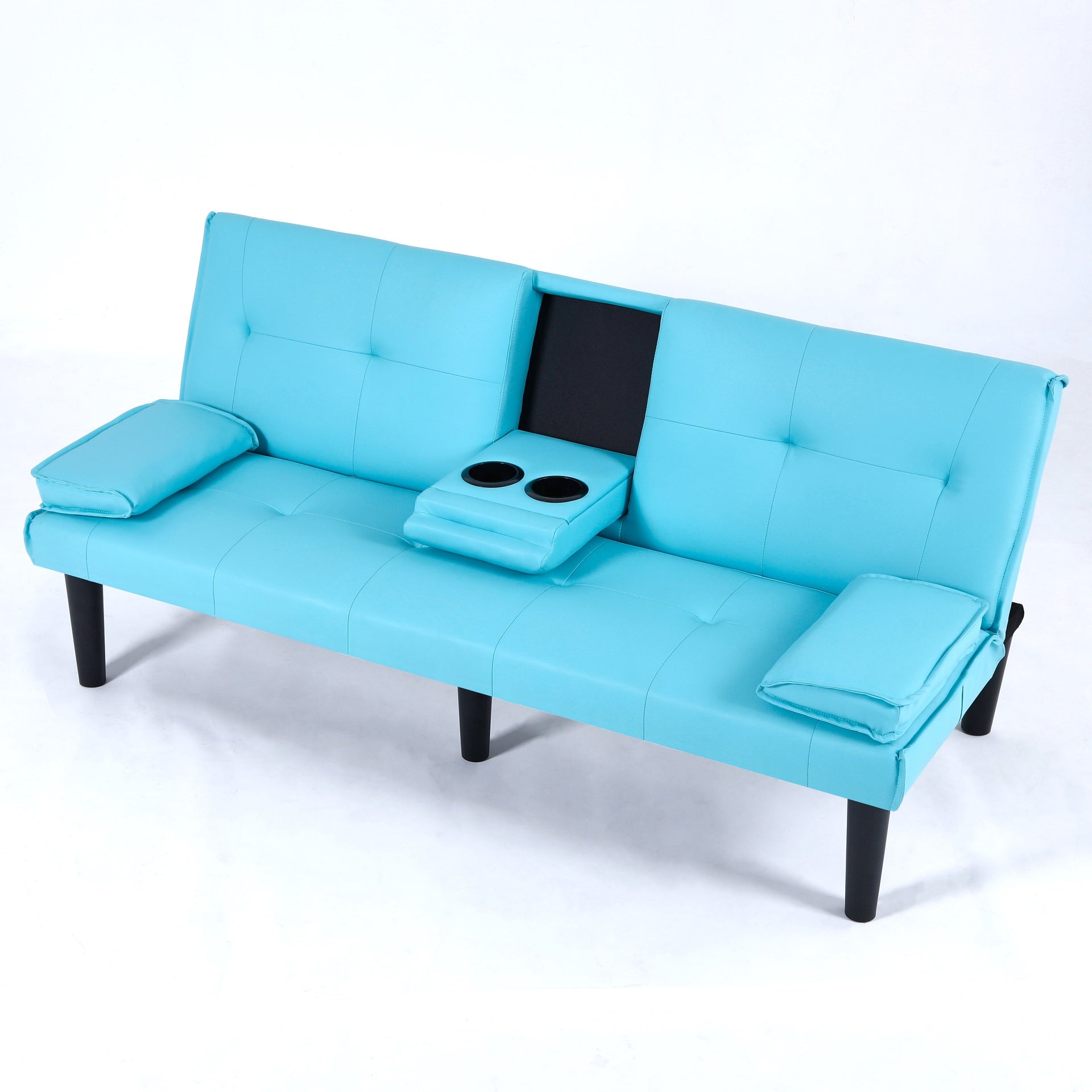 The 67-inch blue PVC multi-functional sofa bed, with a foldable and cup holder design, makes it extremely convenient to turn the living room into a guest room