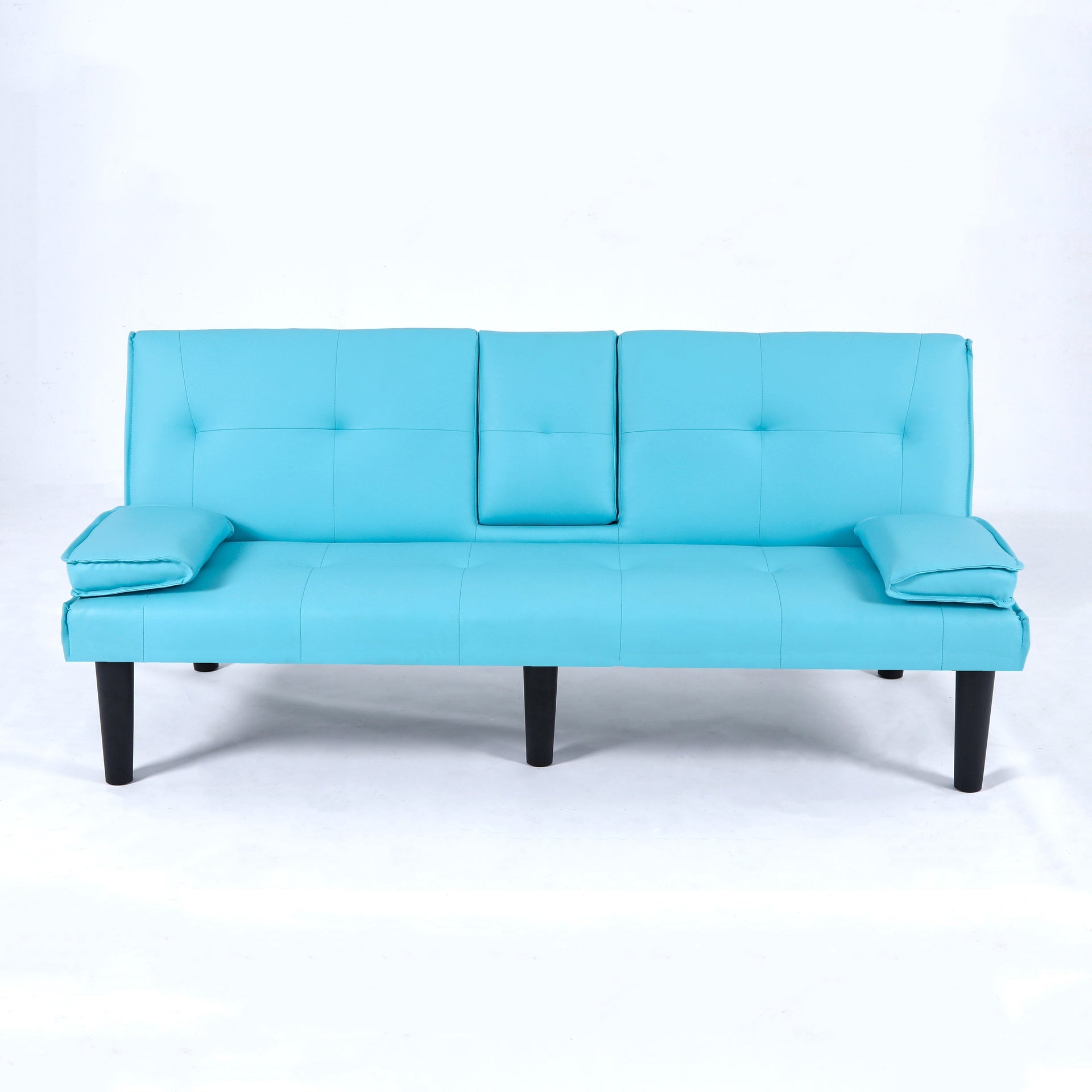The 67-inch blue PVC multi-functional sofa bed, with a foldable and cup holder design, makes it extremely convenient to turn the living room into a guest room