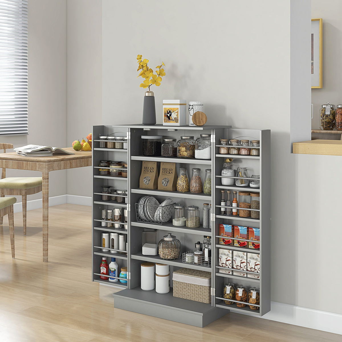 HOMCOM 41" Kitchen Pantry Storage Cabinet, Freestanding Kitchen Cabinet with 12 Door Shelves, Double Doors, 5-tier Shelving and Adjustable Shelves, Paper Gray