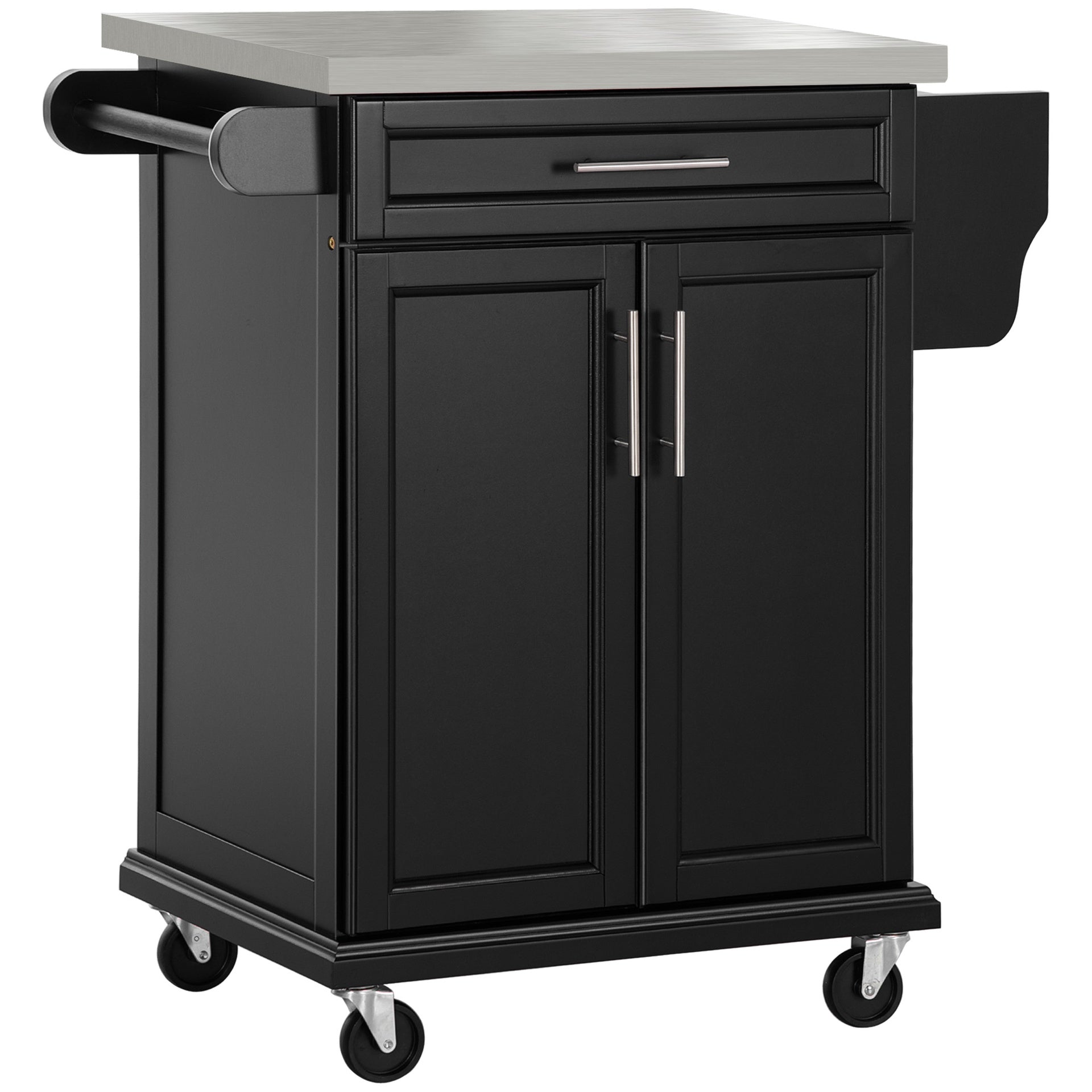 HOMCOM Kitchen Island on Wheels, Rolling Kitchen Cart with Stainless Steel Countertop, Drawer, Towel Rack and Spice Rack, Utility Storage Trolley, Black