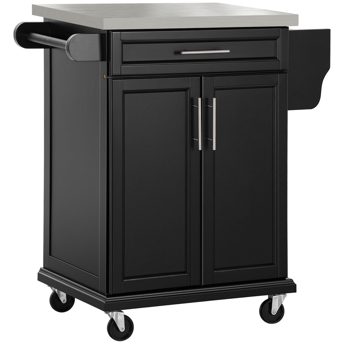 HOMCOM Kitchen Island on Wheels, Rolling Kitchen Cart with Stainless Steel Countertop, Drawer, Towel Rack and Spice Rack, Utility Storage Trolley, Black