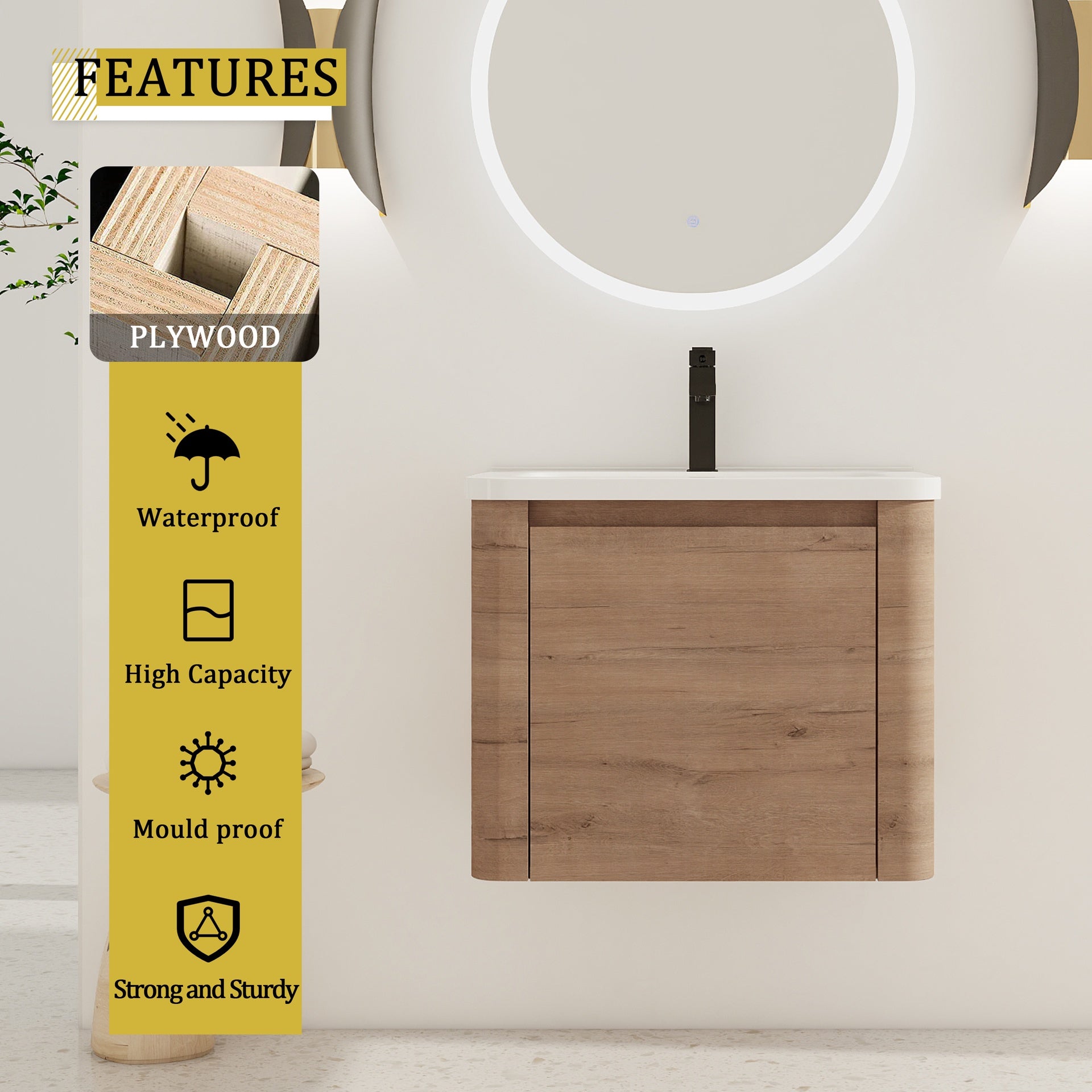 24'' Wall-Mounted Bathroom Vanity with White Ceramic Sink & 1-Soft-Close Door, KD-Packing, Plywood