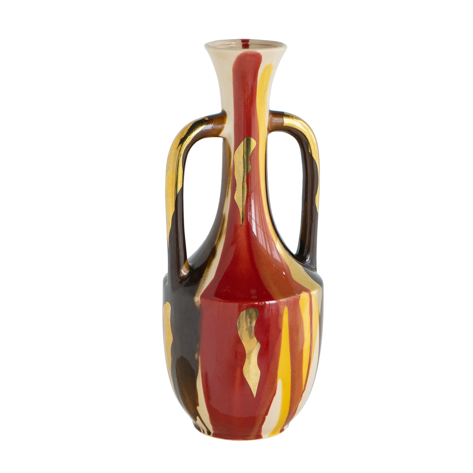 6.8x6.8x16.9" Curved Ceramic Vase with Handles and Abstract Multicolored Finish