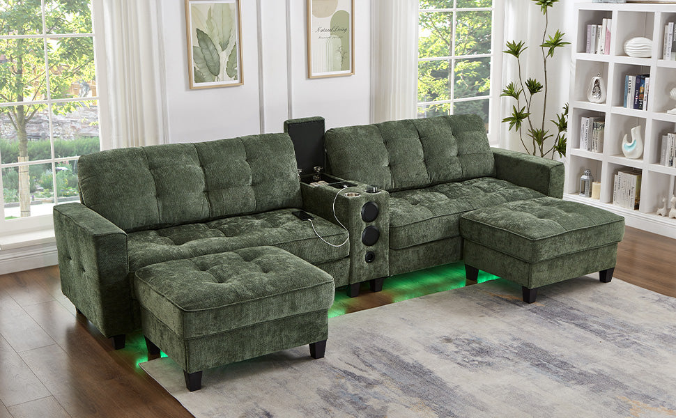 Modern Sectional Sofa 126" U-shaped Sectional Sofa Modular Sectional Couch with Movable Storage Ottomans, multifunctional Console, Bluetooth Speakers and LED Lights for Living Room, Green