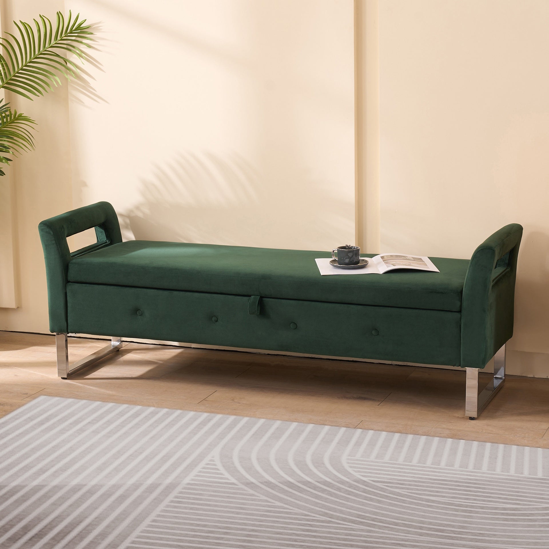 67.91"Wide Velvet Storage Soft Bench with Armrests  for Living Room, Entryway and Bedroom. GREEN