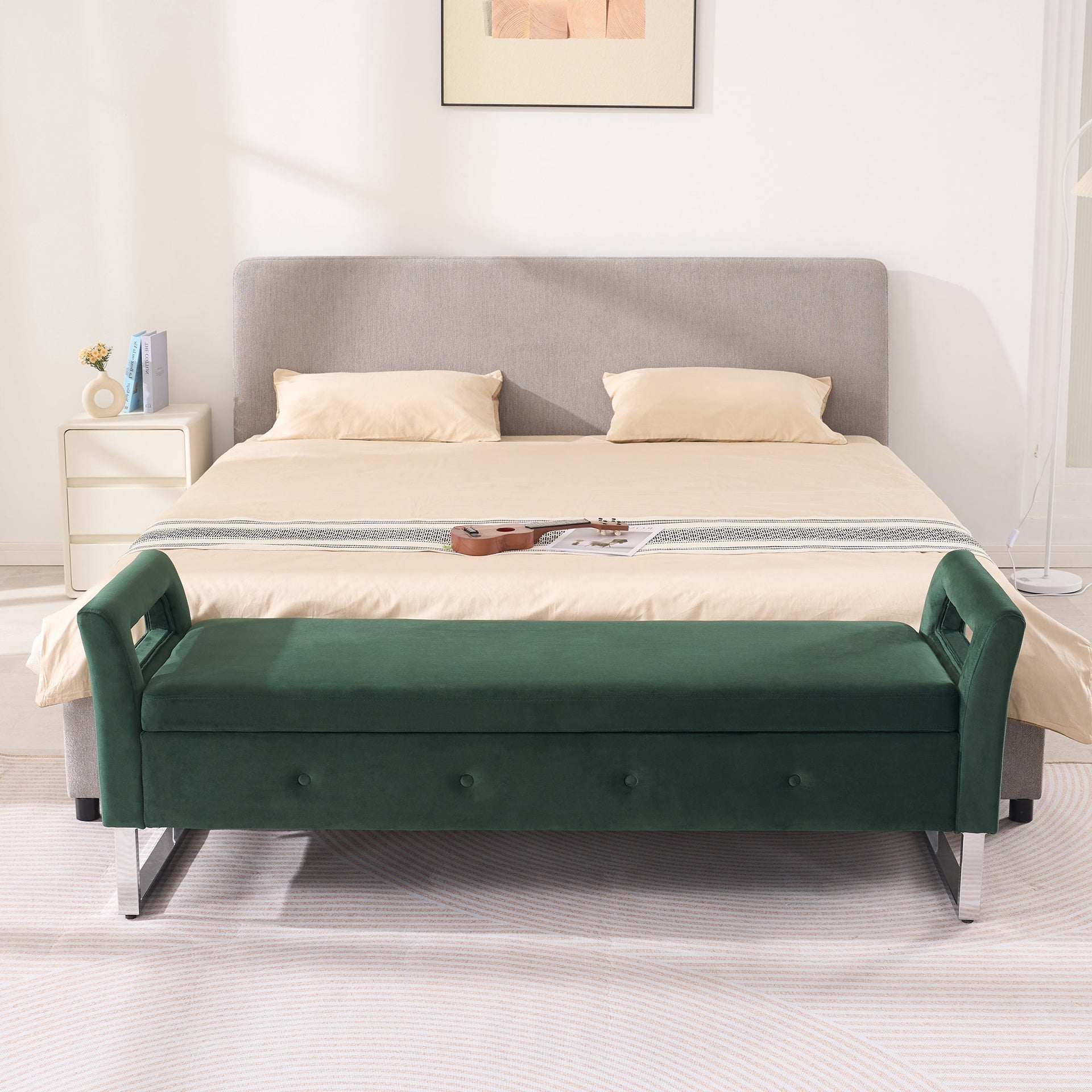 67.91"Wide Velvet Storage Soft Bench with Armrests  for Living Room, Entryway and Bedroom. GREEN
