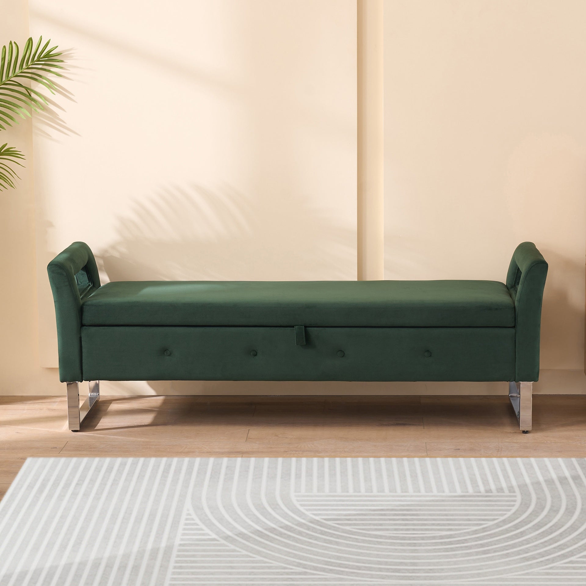 67.91"Wide Velvet Storage Soft Bench with Armrests  for Living Room, Entryway and Bedroom. GREEN