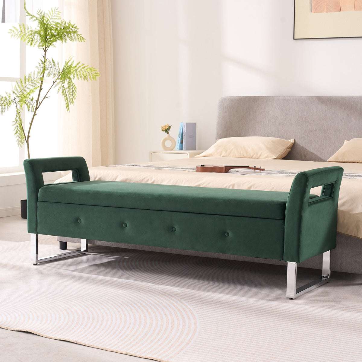 67.91"Wide Velvet Storage Soft Bench with Armrests  for Living Room, Entryway and Bedroom. GREEN