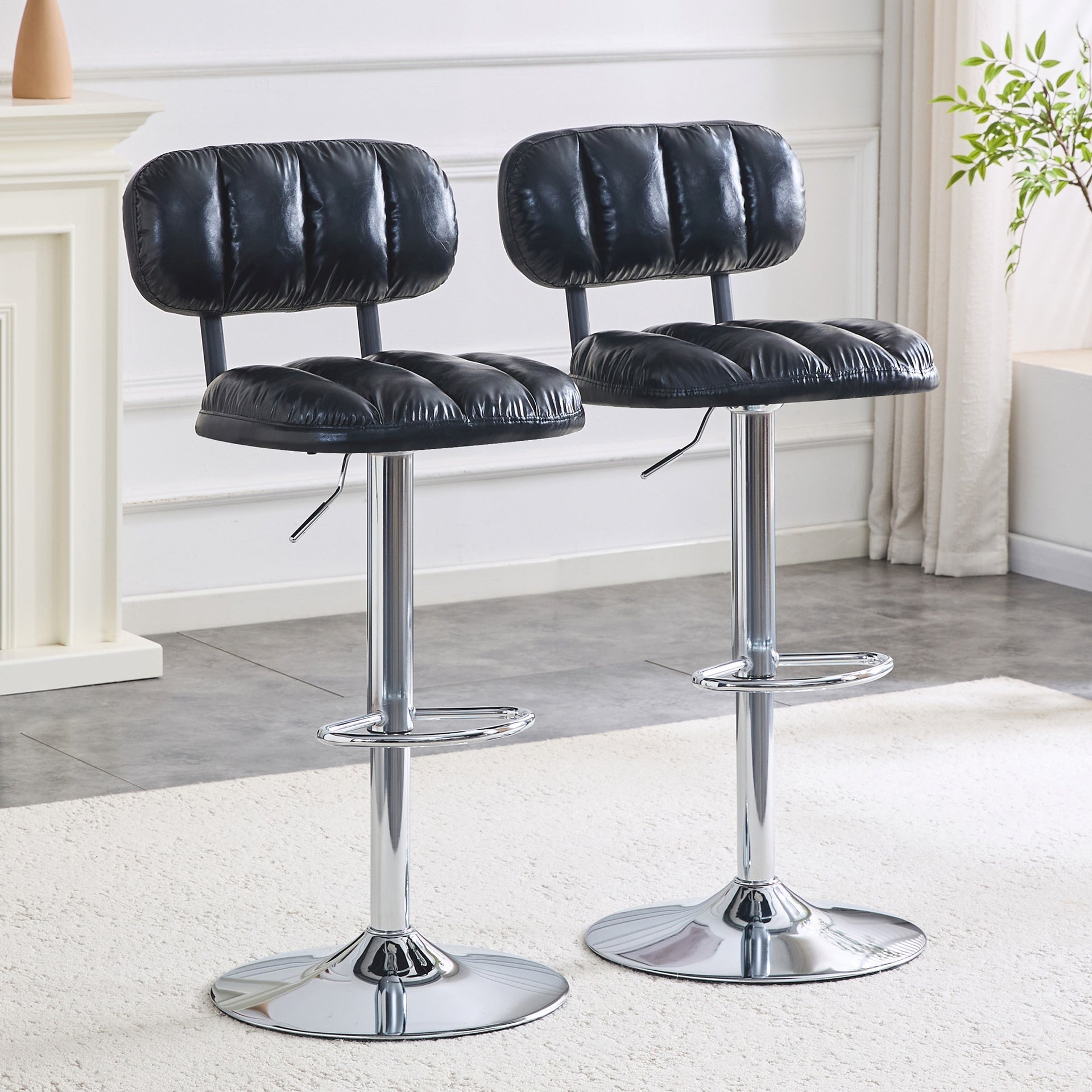 Set of 2 Adjustable Height Bar Stools, Black PU Leather Upholstered with Chrome Base & Footrest, Modern Comfortable Stools for Kitchen Island, Home Bar, Game Room & Office Break Area