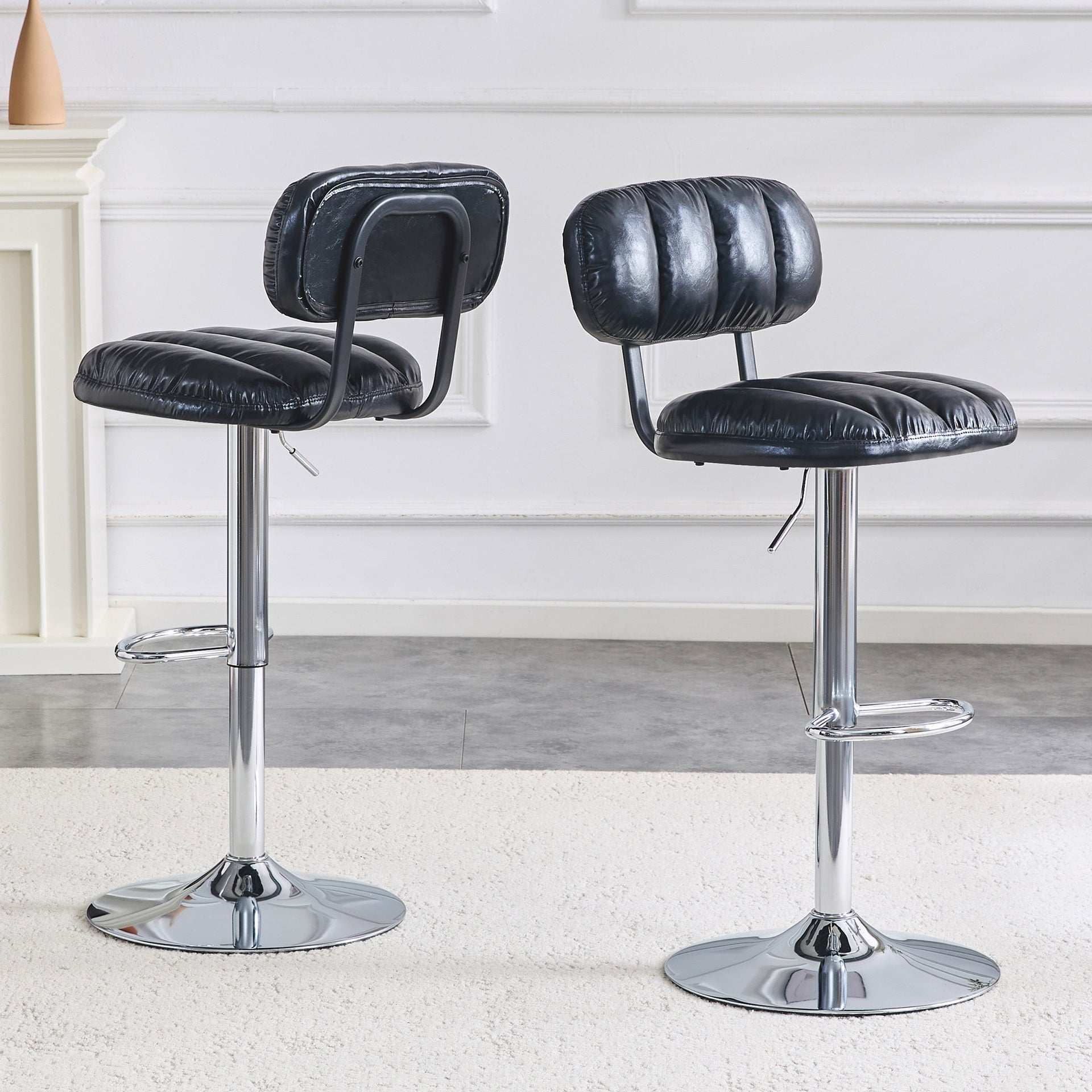 Set of 2 Adjustable Height Bar Stools, Black PU Leather Upholstered with Chrome Base & Footrest, Modern Comfortable Stools for Kitchen Island, Home Bar, Game Room & Office Break Area