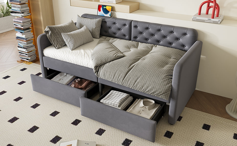 Twin Size Upholstered Daybed with 2 Storage Drawers and USB Charging Design, Velvet Upholstered Daybed Frame, Twin Sofa Bed for Living Room Bedroom, No Box Spring Needed,Plush Velvet Fabric
