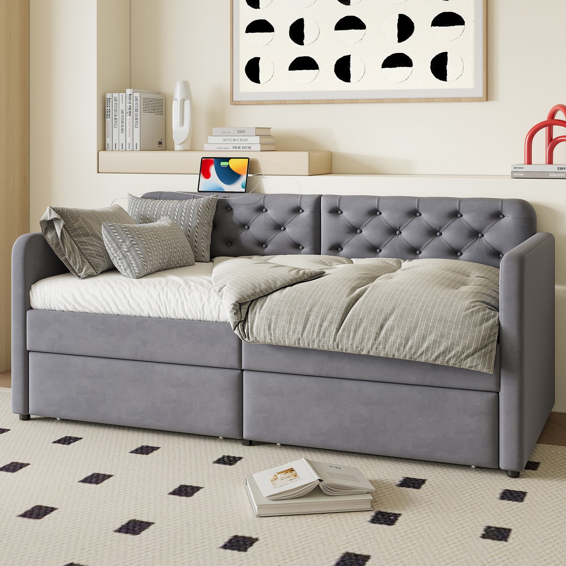 Twin Size Upholstered Daybed with 2 Storage Drawers and USB Charging Design, Velvet Upholstered Daybed Frame, Twin Sofa Bed for Living Room Bedroom, No Box Spring Needed,Plush Velvet Fabric