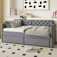 Twin Size Upholstered Daybed with 2 Storage Drawers and USB Charging Design, Velvet Upholstered Daybed Frame, Twin Sofa Bed for Living Room Bedroom, No Box Spring Needed,Plush Velvet Fabric