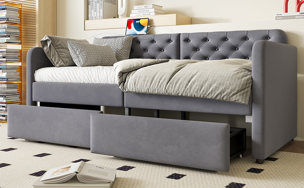 Twin Size Upholstered Daybed with 2 Storage Drawers and USB Charging Design, Velvet Upholstered Daybed Frame, Twin Sofa Bed for Living Room Bedroom, No Box Spring Needed,Plush Velvet Fabric
