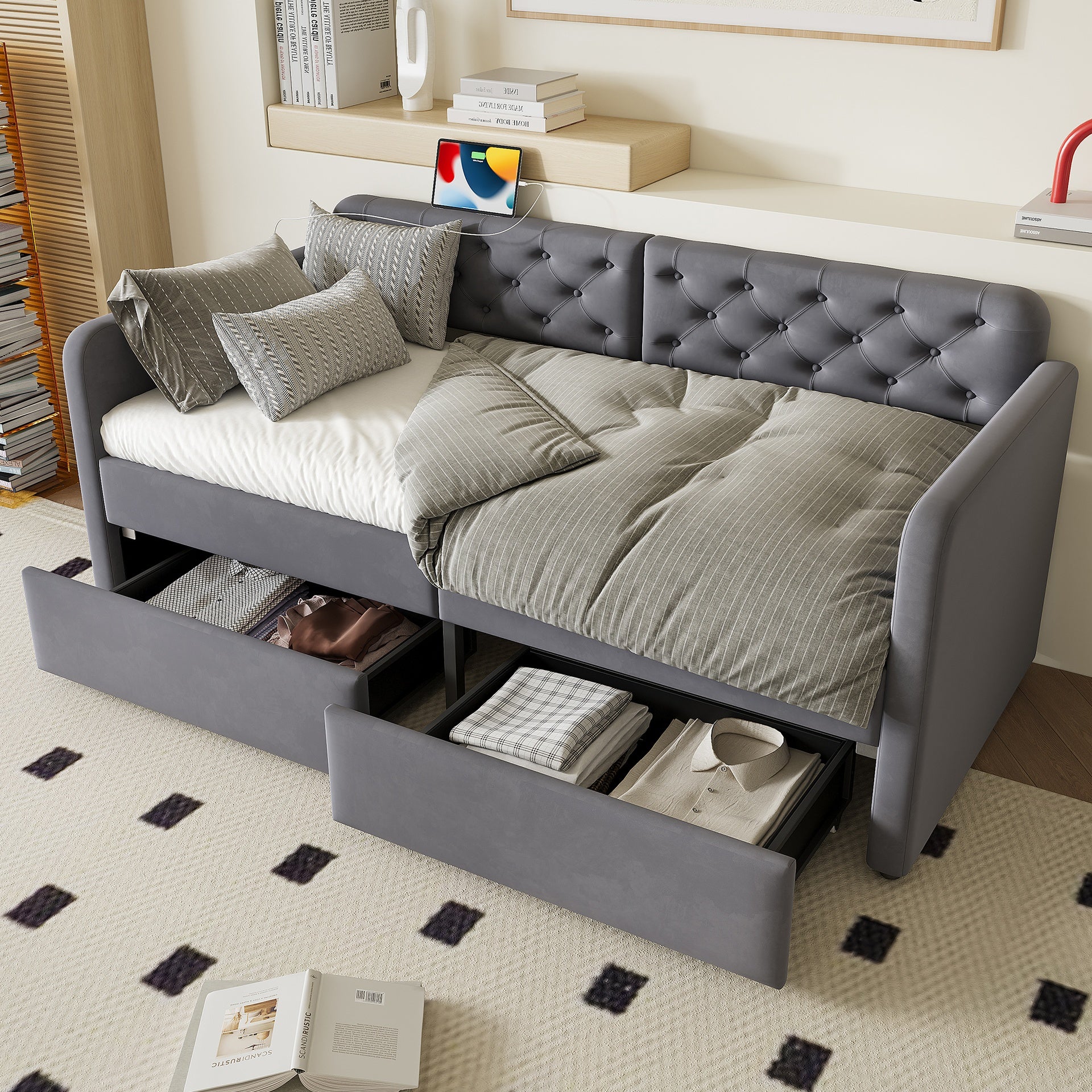 Twin Size Upholstered Daybed with 2 Storage Drawers and USB Charging Design, Velvet Upholstered Daybed Frame, Twin Sofa Bed for Living Room Bedroom, No Box Spring Needed,Plush Velvet Fabric