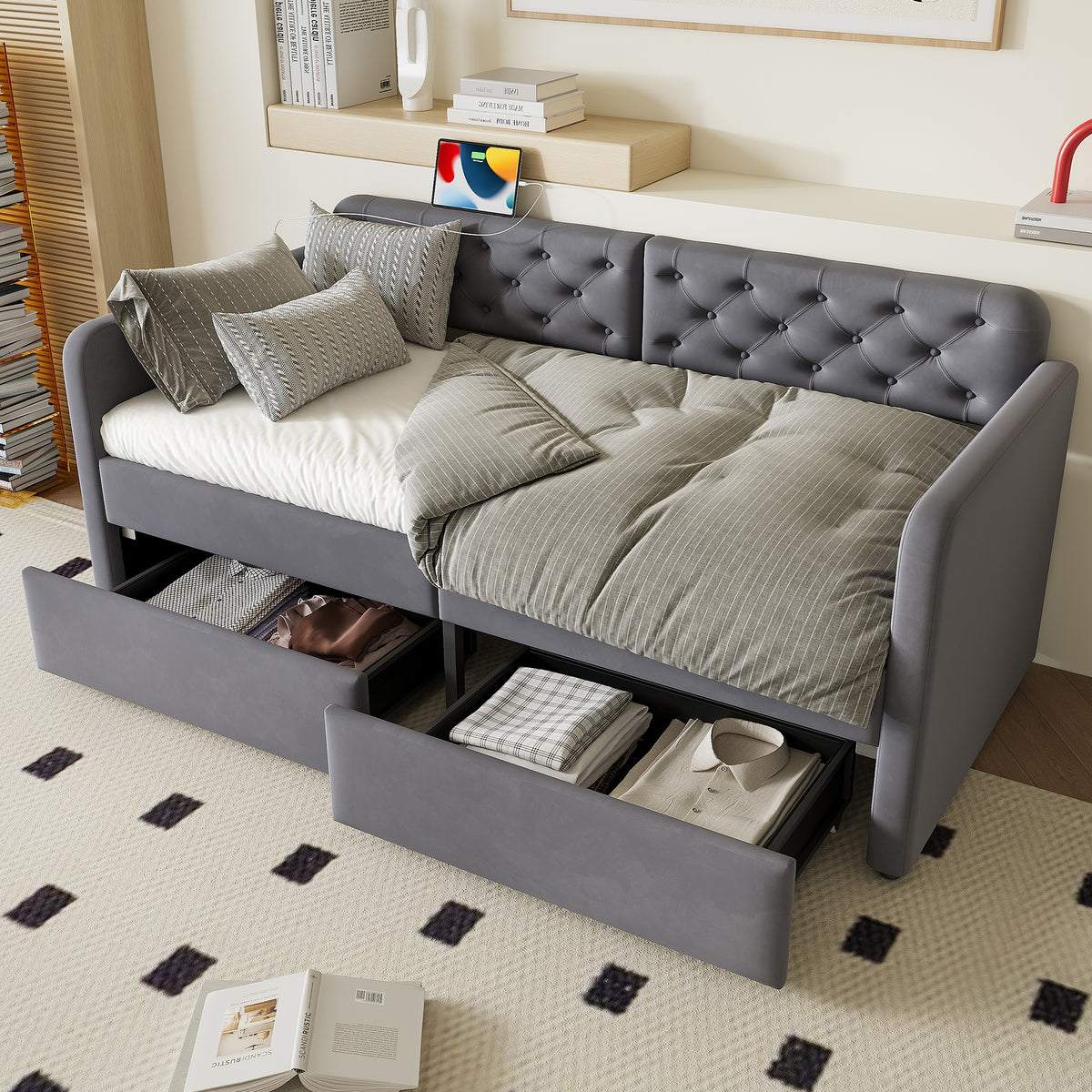 Twin Size Upholstered Daybed with 2 Storage Drawers and USB Charging Design, Velvet Upholstered Daybed Frame, Twin Sofa Bed for Living Room Bedroom, No Box Spring Needed,Plush Velvet Fabric