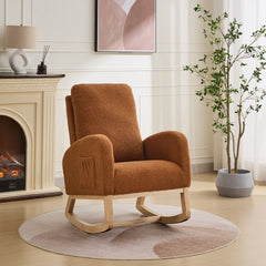 27.2"W Rocking Chair for Nursery, Sherpa Glider Chair with High Back and Side Pocket, Rocking Accent Armchair with Rubber Wood Legs for Living Room/Bedroom.Caramel