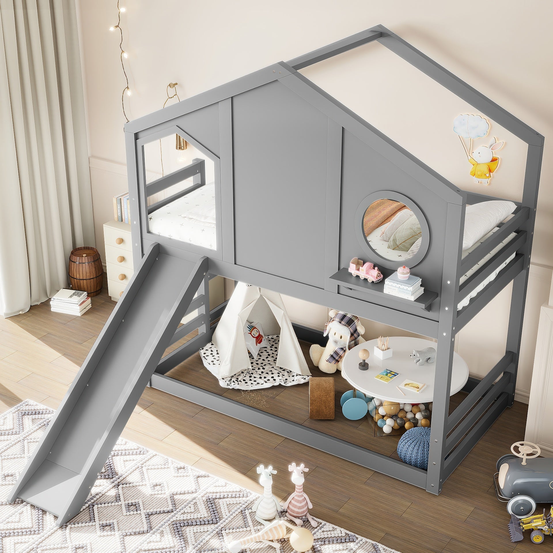 Twin House Bunk Bed with Slide and Storage Shelves, Solid Wood House Loft Bed with Window, Childlike Design, Gray