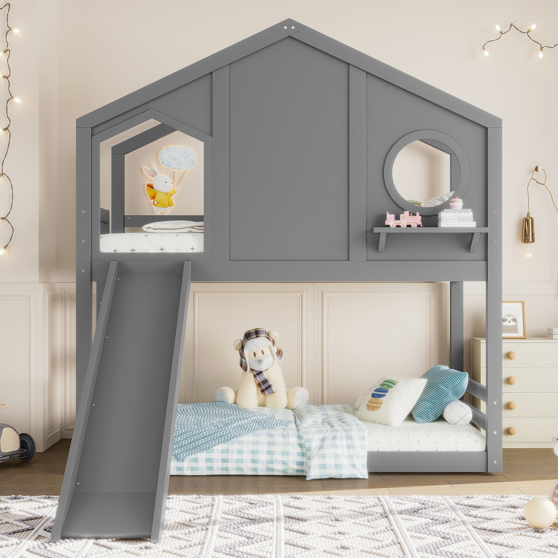 Twin House Bunk Bed with Slide and Storage Shelves, Solid Wood House Loft Bed with Window, Childlike Design, Gray