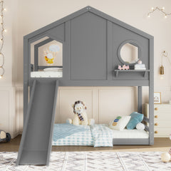Twin House Bunk Bed with Slide and Storage Shelves, Solid Wood House Loft Bed with Window, Childlike Design, Gray