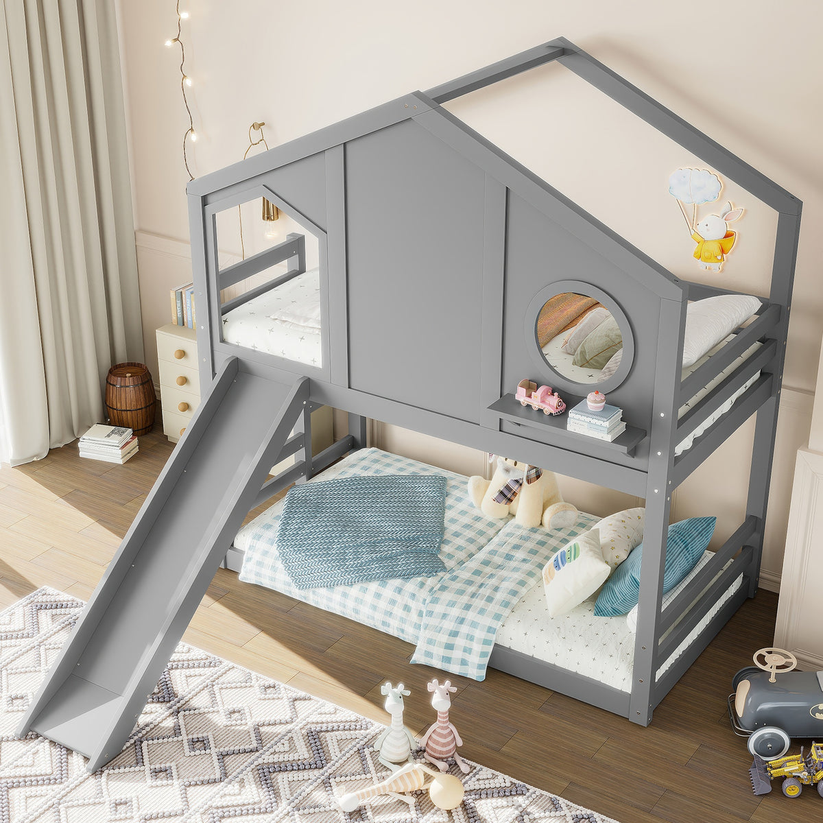 Twin House Bunk Bed with Slide and Storage Shelves, Solid Wood House Loft Bed with Window, Childlike Design, Gray