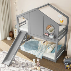 Twin House Bunk Bed with Slide and Storage Shelves, Solid Wood House Loft Bed with Window, Childlike Design, Gray