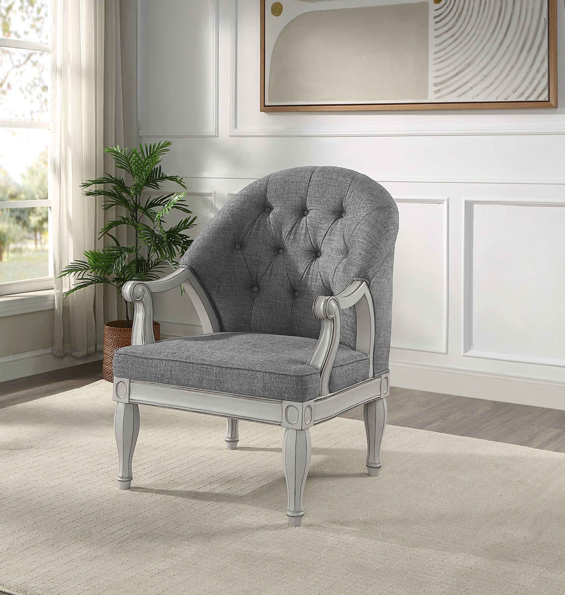 Florian Gray Fabric & Antique White Finish Chair