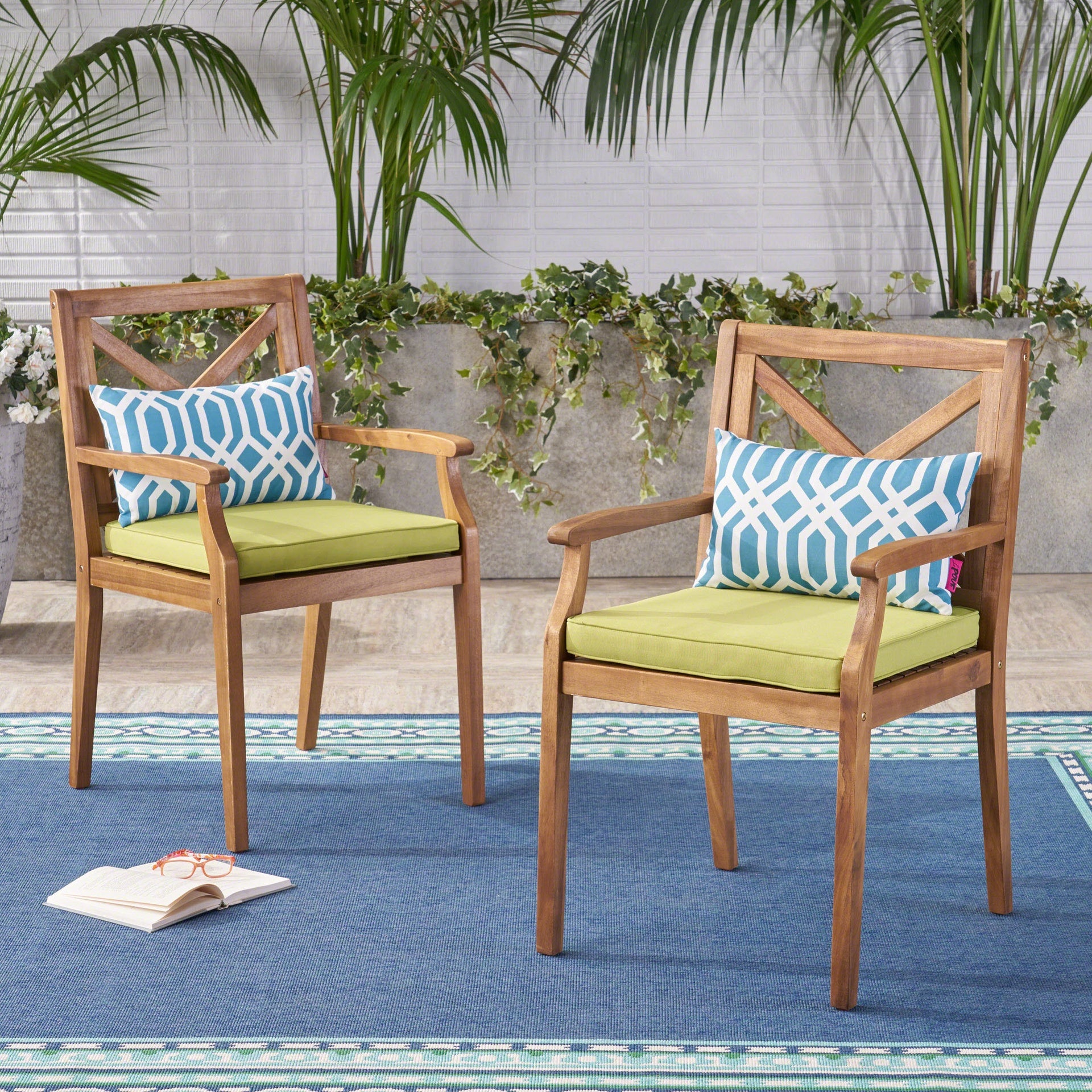PERLA DINING CHAIR,2PCS with 2 Green Cushions,for Backyard, Poolside, Garden