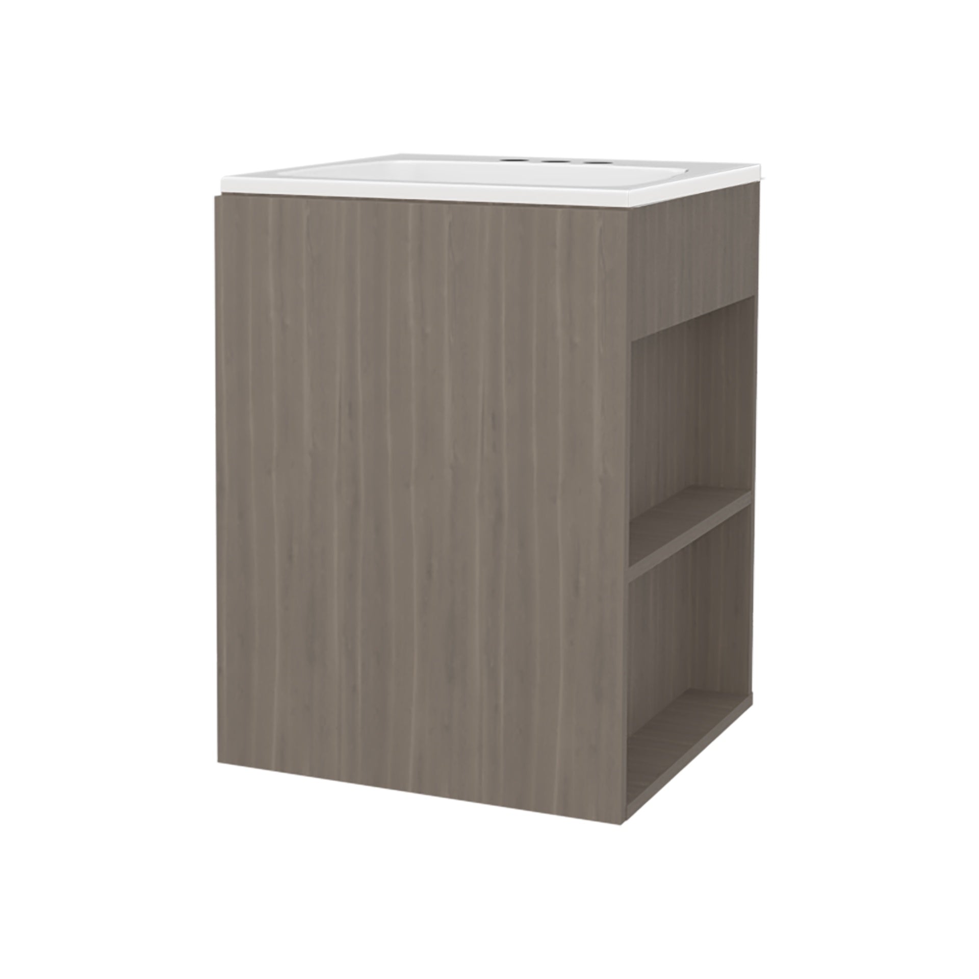 Siena Compact Vanity Cabinet, Single Door, Two Open Side Shelves, Space-Saving Design, Melamine,Bathroom Storage Unit, White Oak