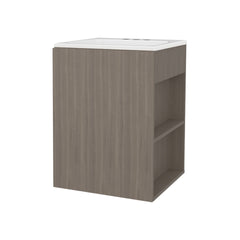 Siena Compact Vanity Cabinet, Single Door, Two Open Side Shelves, Space-Saving Design, Melamine,Bathroom Storage Unit, White Oak