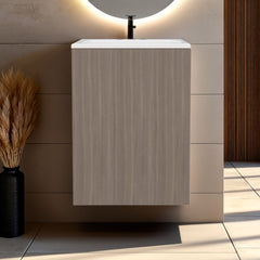 Siena Compact Vanity Cabinet, Single Door, Two Open Side Shelves, Space-Saving Design, Melamine,Bathroom Storage Unit, White Oak