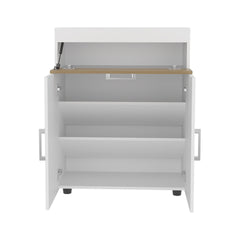 Shoe Rack, 3 Doors, 3 Shelves, 4 Legs, White / Natural Oak