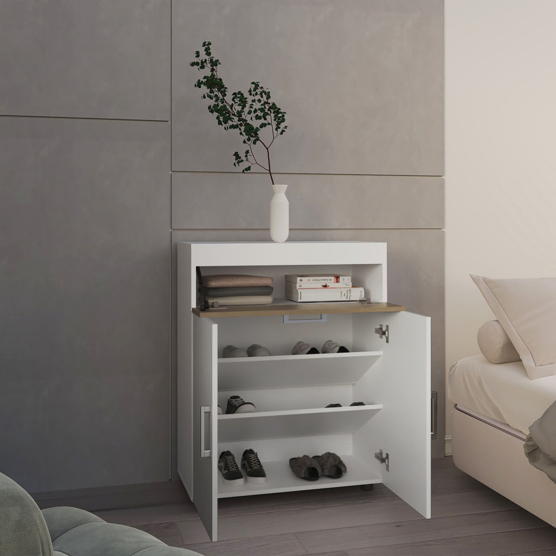 Shoe Rack, 3 Doors, 3 Shelves, 4 Legs, White / Natural Oak