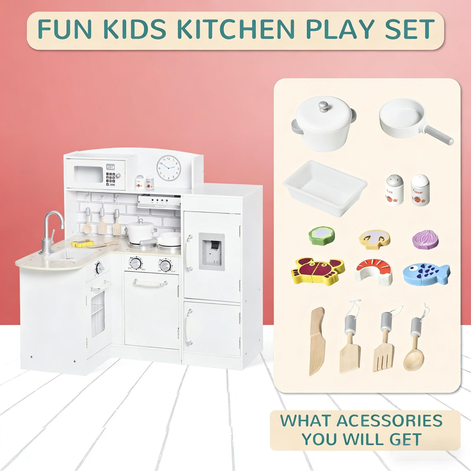Wooden Pretend Toy Kitchen Set,Corner Kids Kitchen Playset