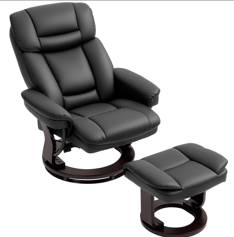 Swivel Recliner with Ottoman, PU Leather Reclining Chair with Footrest,  Black