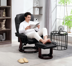 Swivel Recliner with Ottoman, PU Leather Reclining Chair with Footrest,  Black