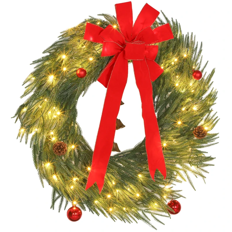 Christmas Wreath for Front Door with LED Lights, Prelit Christmas Wreath with 8 Modes and Ornaments, Green