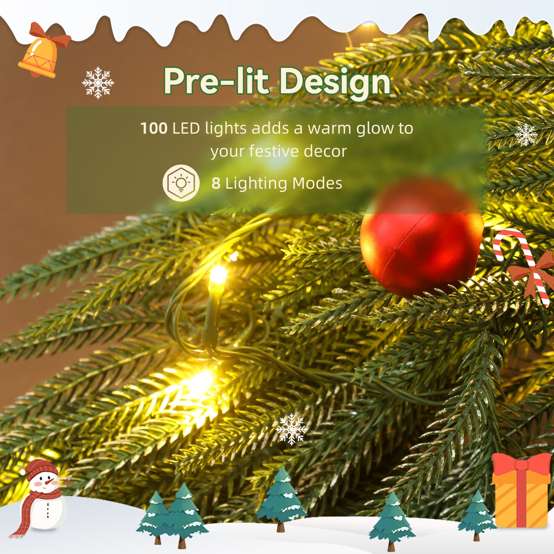 Christmas Wreath for Front Door with LED Lights, Prelit Christmas Wreath with 8 Modes and Ornaments, Green