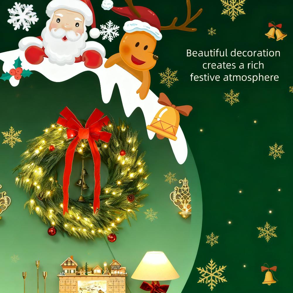 Christmas Wreath for Front Door with LED Lights, Prelit Christmas Wreath with 8 Modes and Ornaments, Green