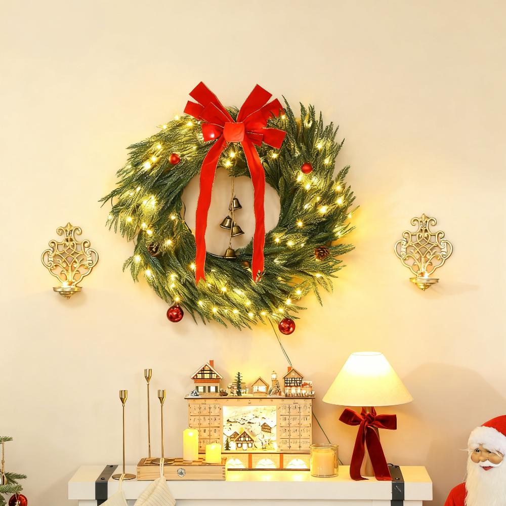 Christmas Wreath for Front Door with LED Lights, Prelit Christmas Wreath with 8 Modes and Ornaments, Green