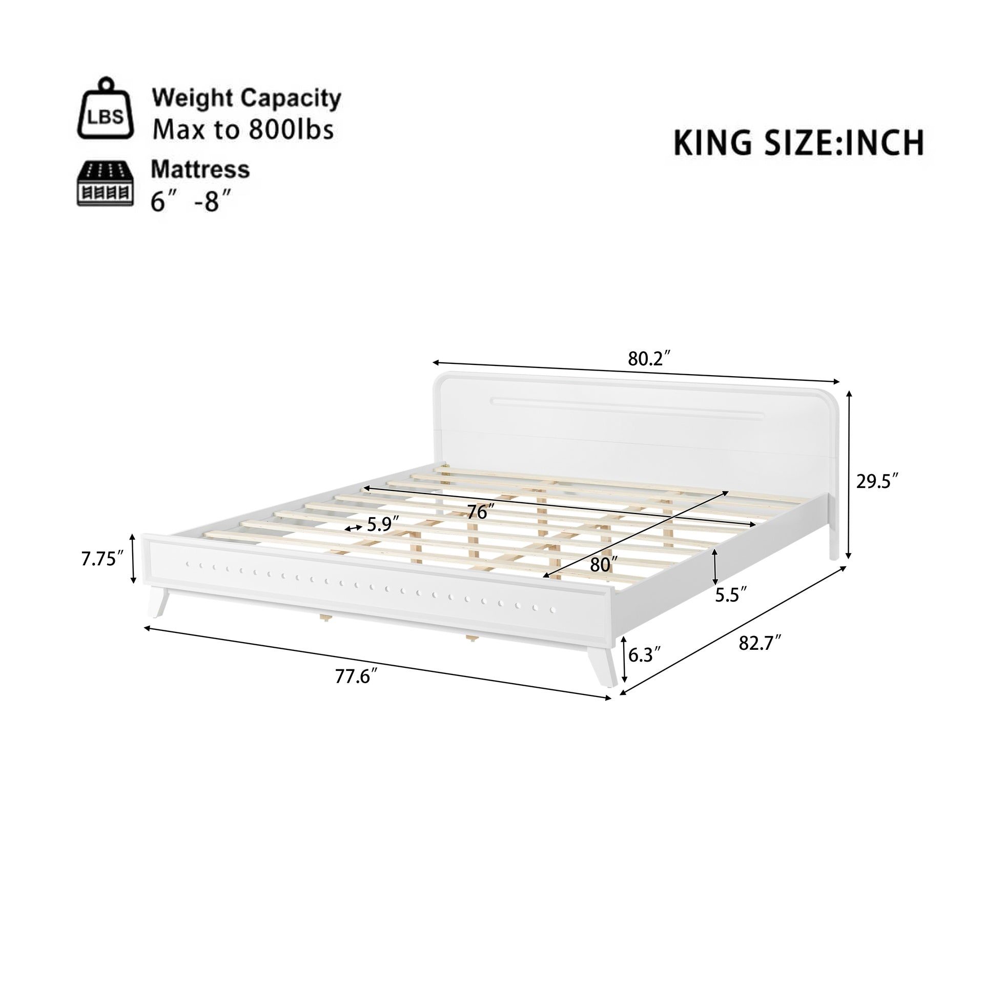 PINE SOLID WOOD KING SIZE BED, SOLID AND STABLE, NO BOX SPRING NEEDED, WHITE COLOR